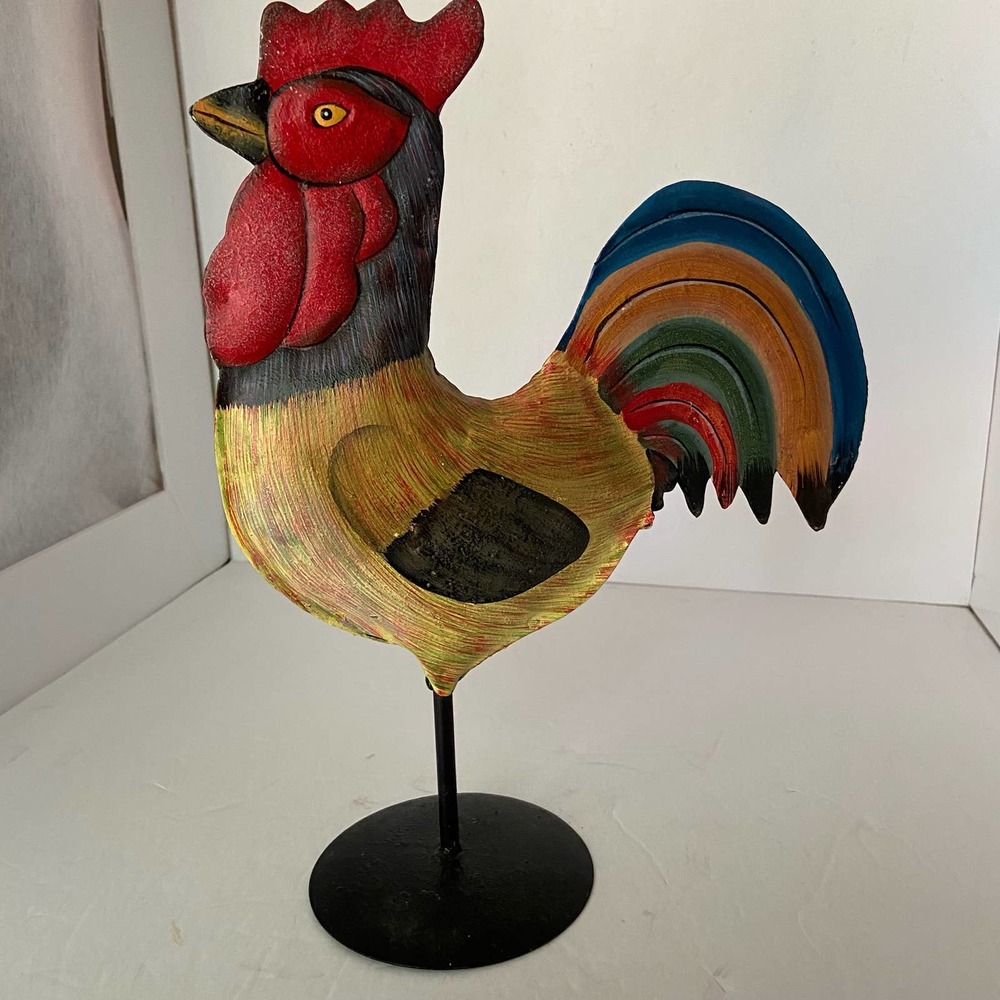 Rooster Metal Decor Puffed Pedestal Painted Tan Yellow 12" Barn Yard